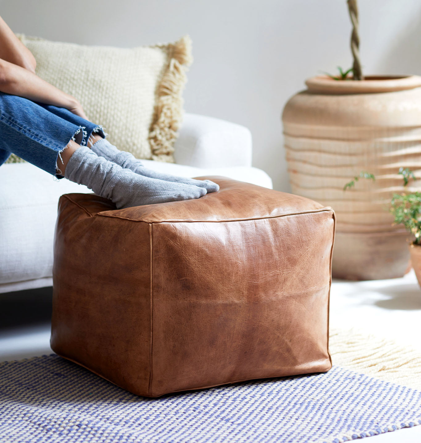 Leather Cube Pouf Ottoman, Tan, Stuffed