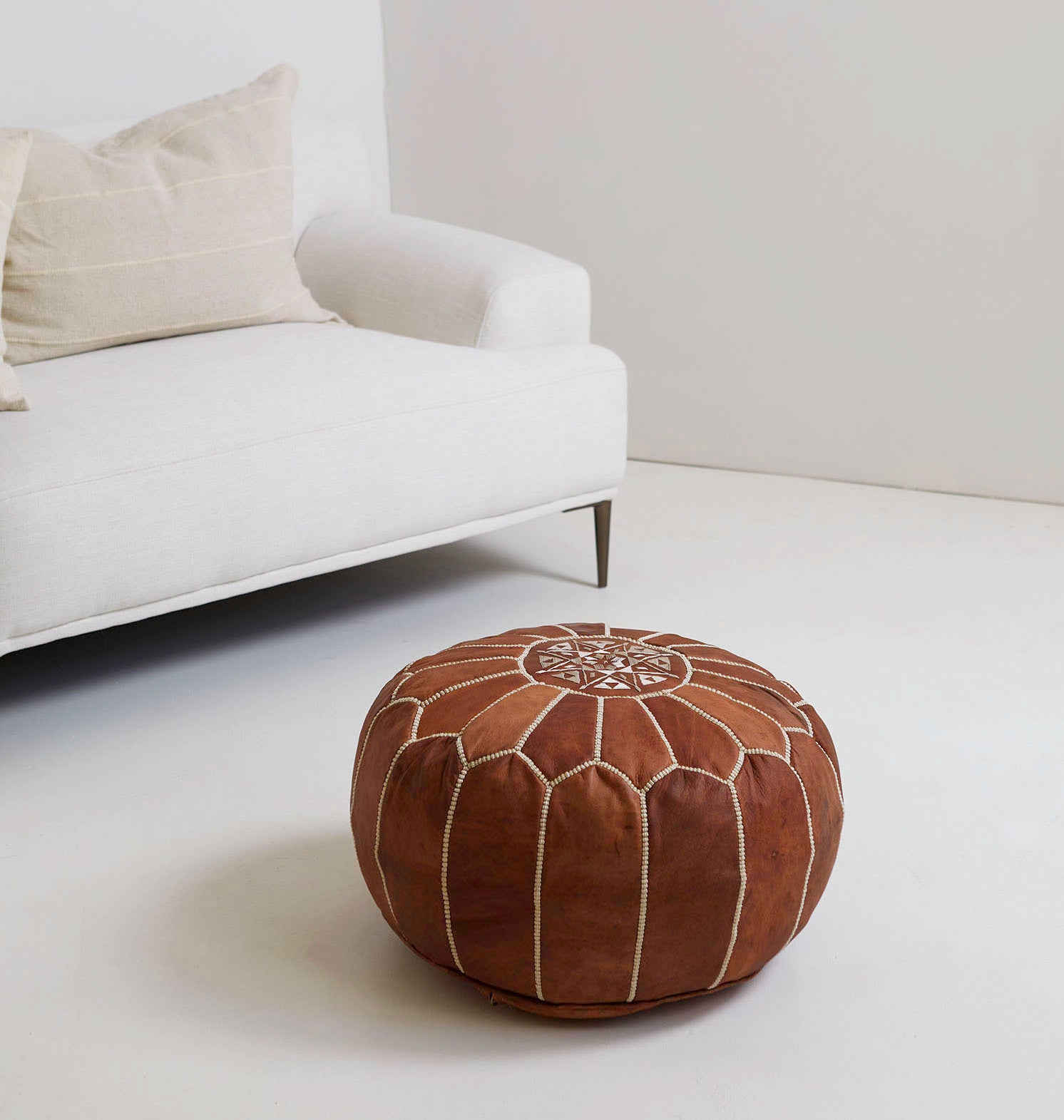 Beautiful Square Moroccan Leather Pouf, Brown