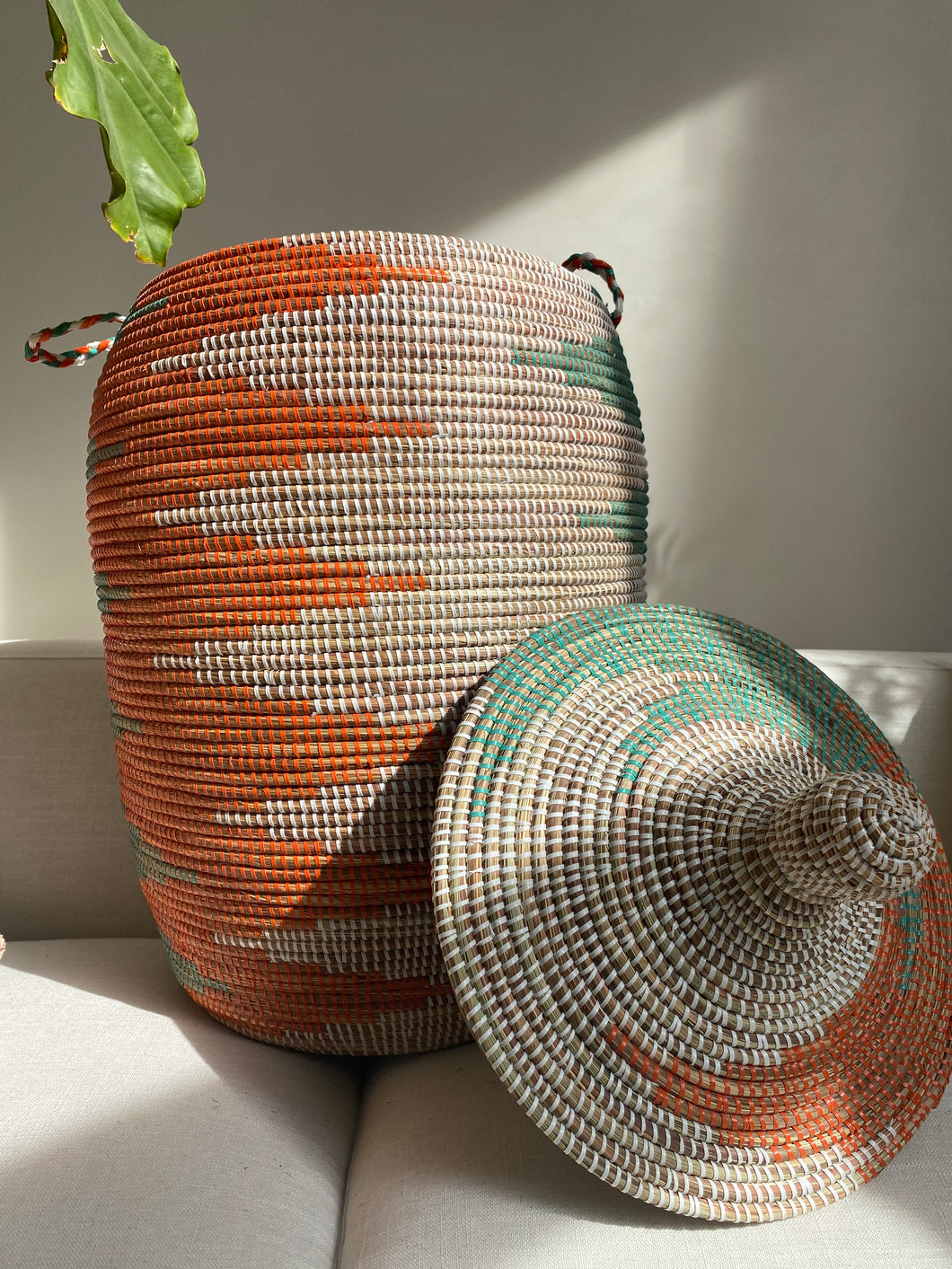 Large Orange, White and Blue Basket