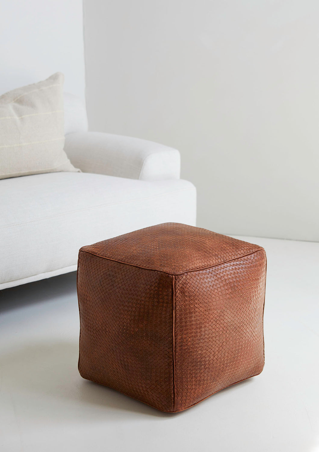 Braided Leather Cube Pouf