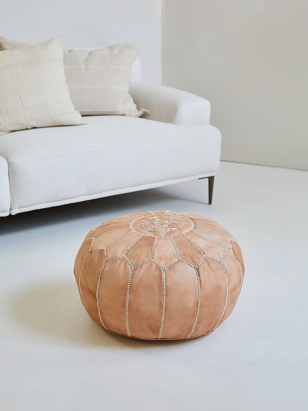Stitched Hand-Knotted Moroccan Leather Pouf
